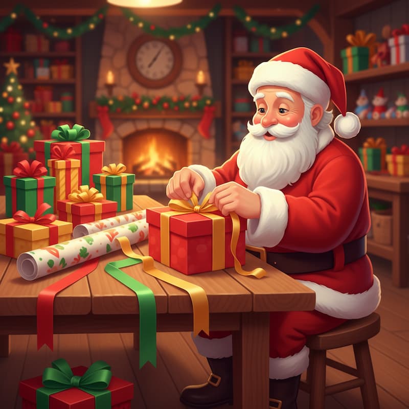 Santa Claus wrapping a gift in a cozy Christmas living room with a fireplace and decorated shelves.