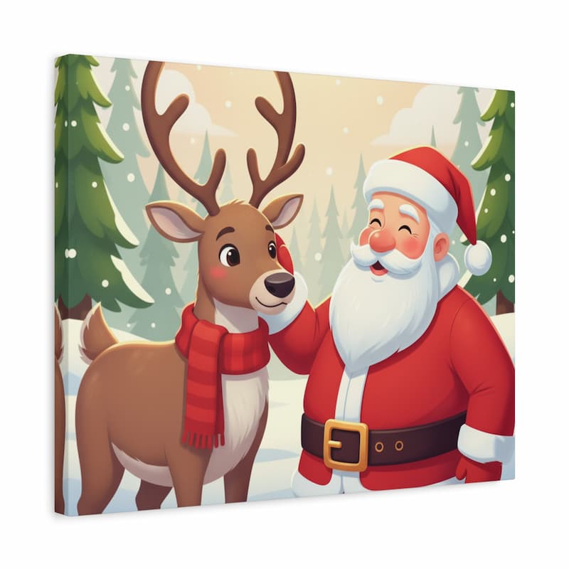 Cartoon Santa Claus and reindeer with a snowy forest background