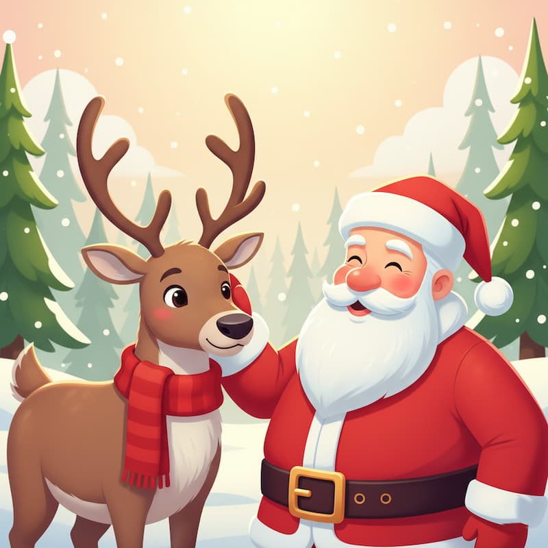 Cartoon Santa Claus and reindeer in a snowy forest setting