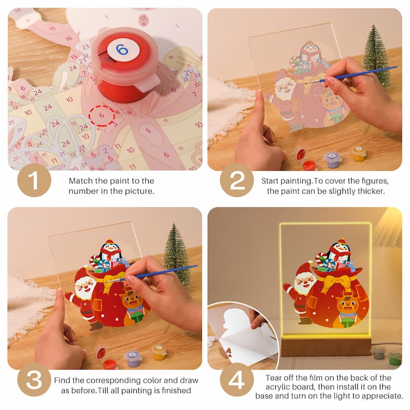 Step-by-step guide to painting a Christmas-themed picture on an acrylic board.
