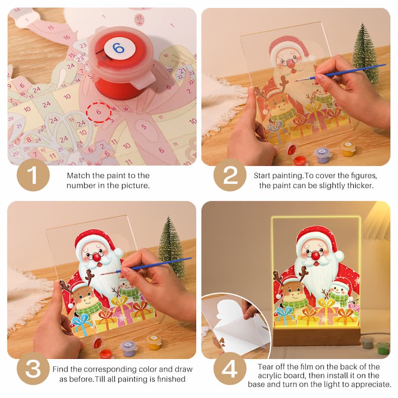 Step-by-step tutorial on painting a Christmas-themed board game piece with Santa Claus and children.