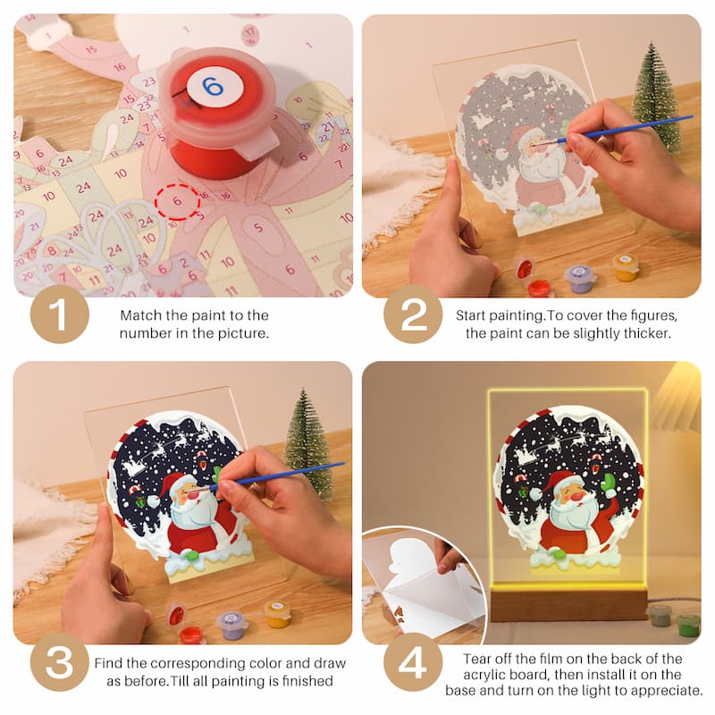 A four-step instructional collage showing how to use a Santa Claus acrylic painting kit. Step 1 shows matching the red paint can to the number 6 on a numbered guide.