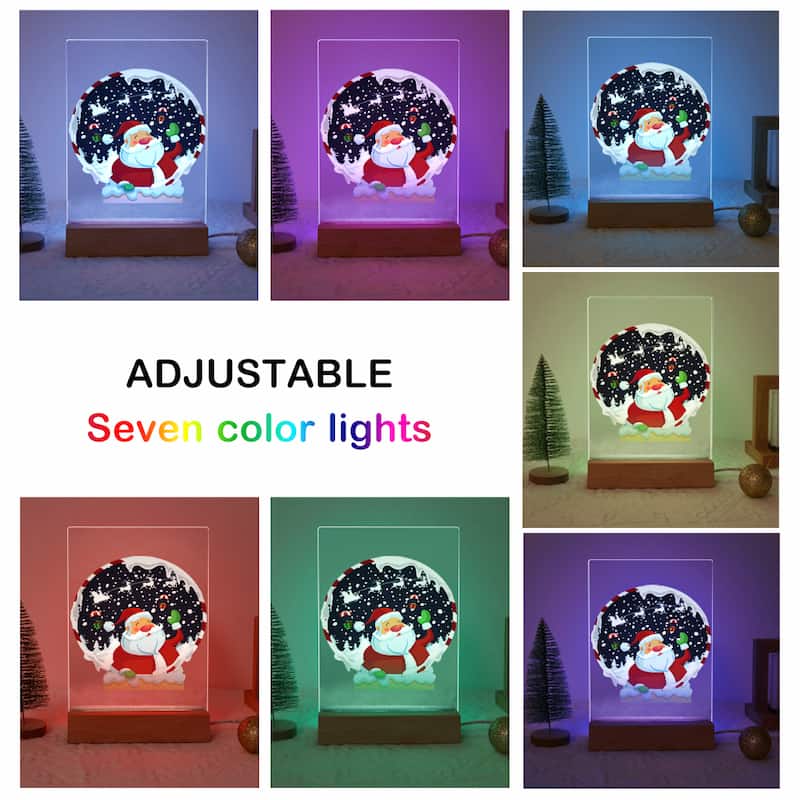 A collage showing a clear acrylic Christmas snow globe lamp with a Santa Claus figure inside, displayed in seven different adjustable color light modes around the words 'ADJUSTABLE Seven color lights.'.