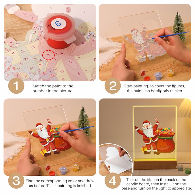 Step-by-step tutorial on painting a Christmas-themed scene with Santa Claus and a tree.