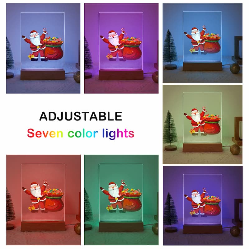 Collage of a Santa Claus figure with adjustable seven-color lights in various settings.