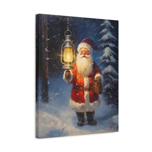 Framed paint by numbers artwork featuring a classic Santa Claus holding a glowing lantern in a snowy forest at night, with a calm winter backdrop and soft, magical lighting shown in a frame