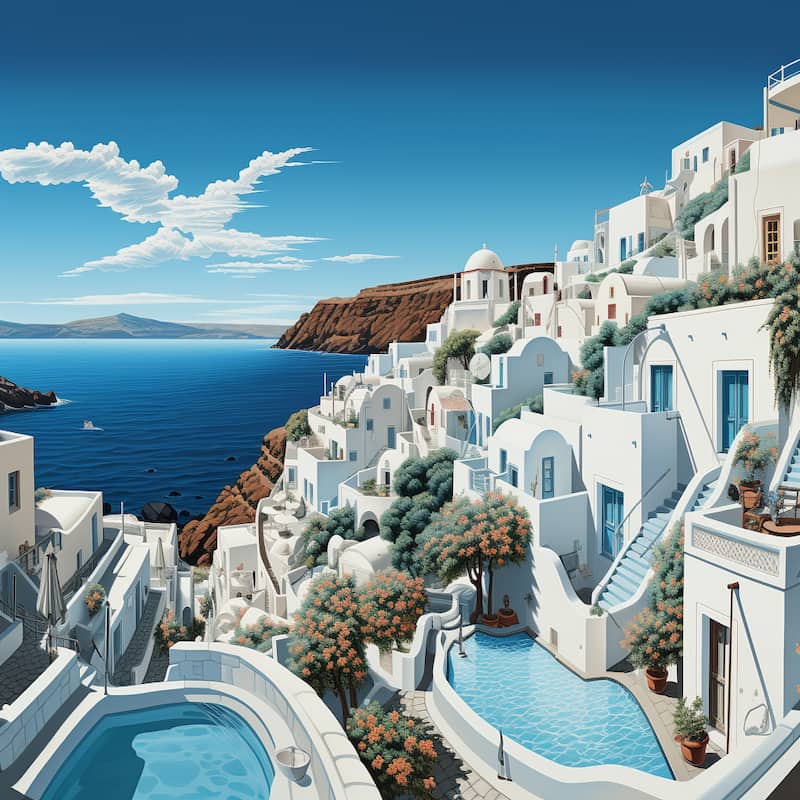 Paint by numbers kit of Santorini’s whitewashed houses and blue sea under a bright Mediterranean sky.