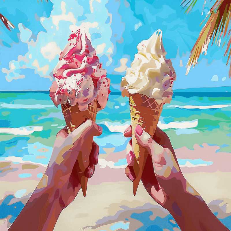 Scoop of Summer Paint By Numbers artwork showing two hands holding pink and white ice cream cones against a tropical beach background with turquoise waves and palm trees.