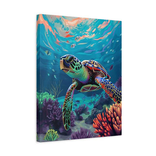 Sea turtle swimming through a vibrant underwater coral reef with colourful ocean fish and glowing marine scenery, ideal for ocean lovers in Canada, shown in a frame