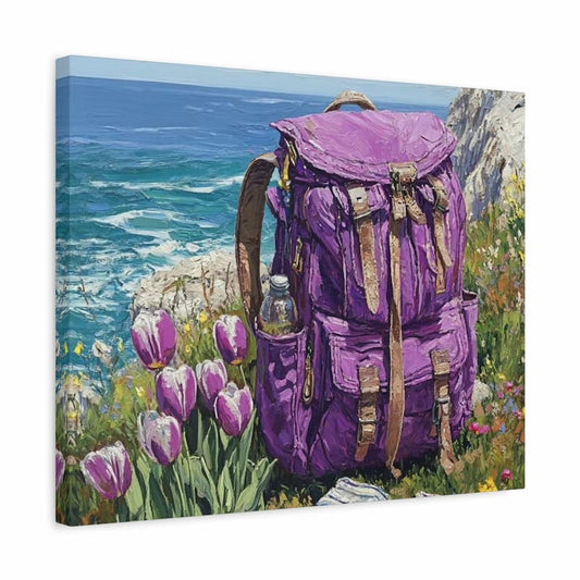 Purple backpack with a scenic ocean and mountain background