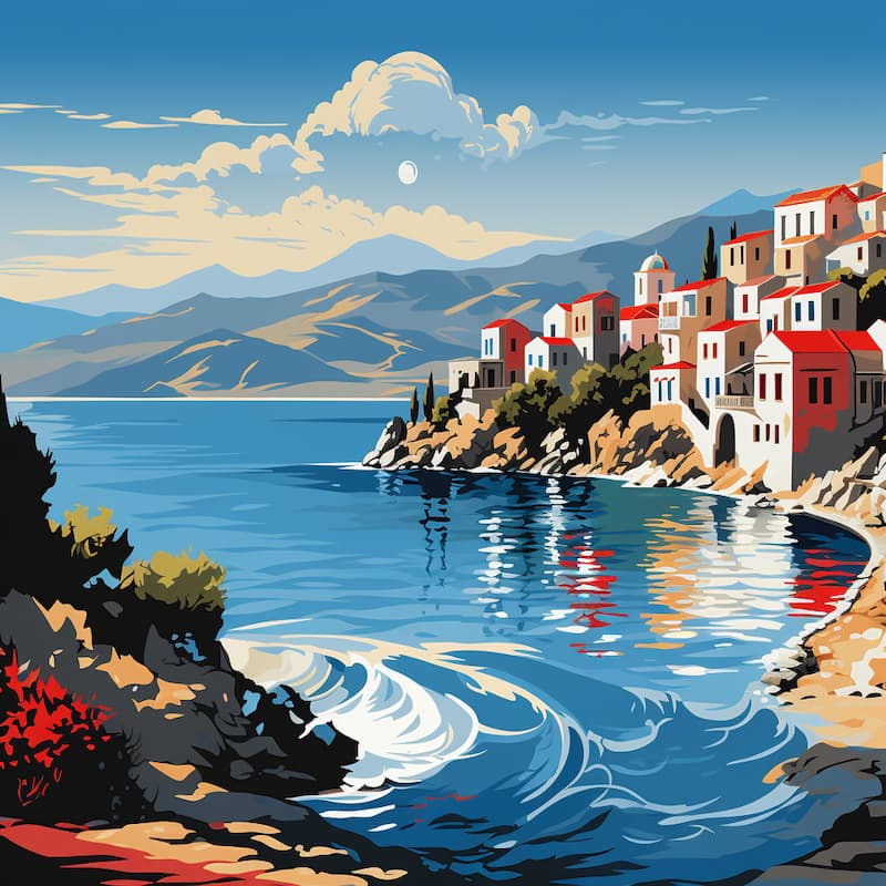 Paint by numbers artwork of a Mediterranean seaside village with red-roofed houses, blue ocean waves, and mountain backdrop
