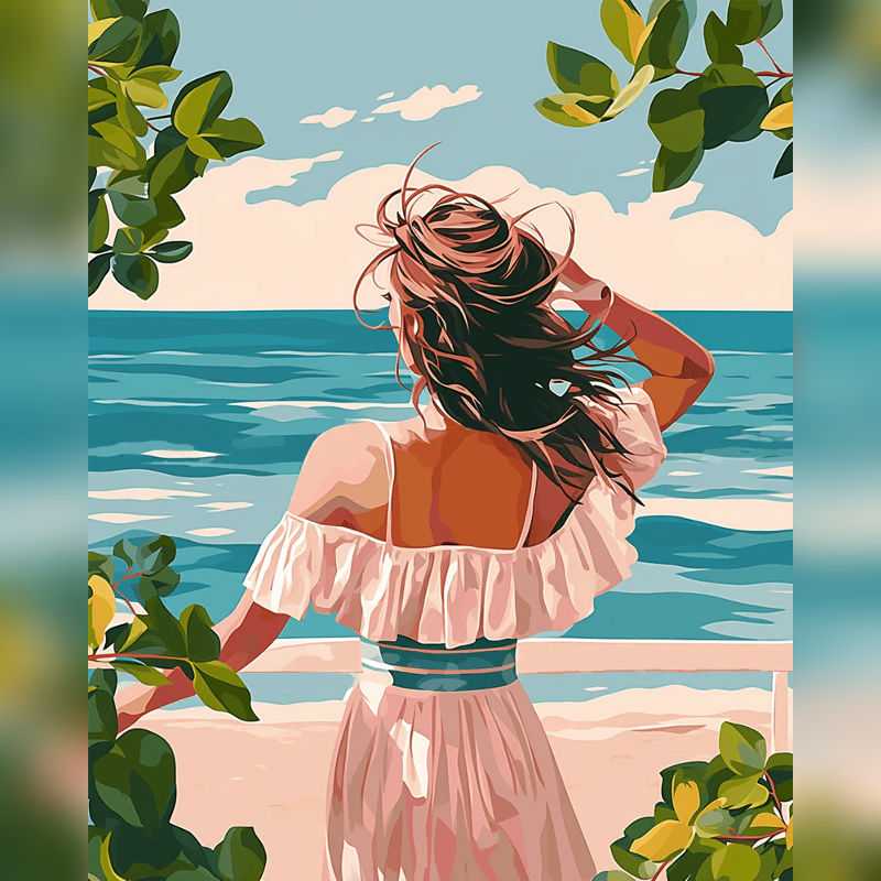 Seaside Daydream Paint By Numbers showing a woman in a white dress with wind-blown hair looking out at the ocean, surrounded by tropical leaves and calm waves