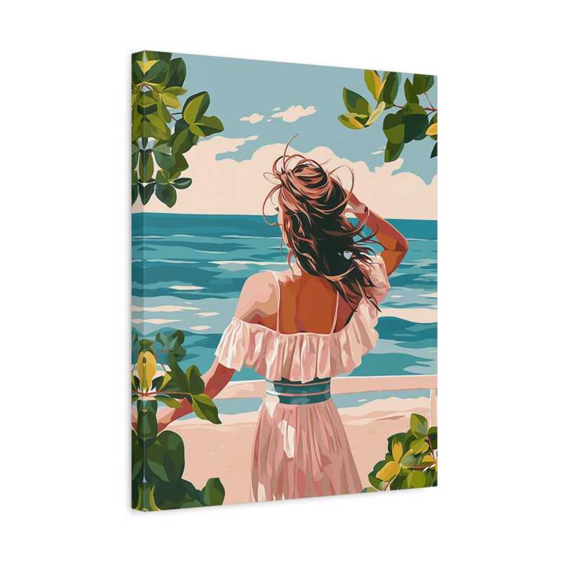 Seaside Daydream Paint By Numbers showing a woman in a white dress with wind-blown hair looking out at the ocean, surrounded by tropical leaves and calm waves in a frame