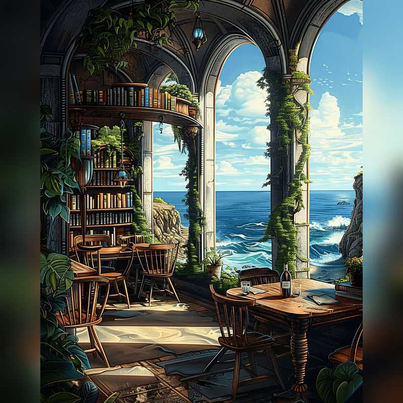 Seaside Sanctuary Paint By Numbers artwork showing an oceanfront reading nook with arched windows, bookshelves, and waves crashing against rocky cliffs