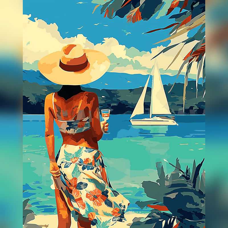 Woman in a sunhat holding a drink and gazing at a sailboat over turquoise waters, wearing a floral dress, ideal for paint by numbers fans in Canada