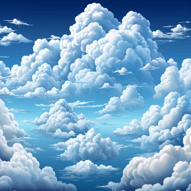 Paint by numbers kit of a vast cloudscape with towering white cumulus clouds against a deep blue sky