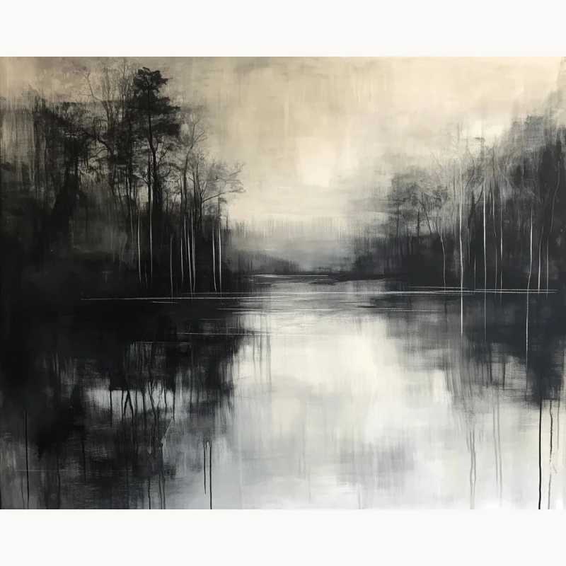Silent Echo Paint By Numbers Kit showing a tranquil abstract night landscape with a glowing lake and silhouetted trees