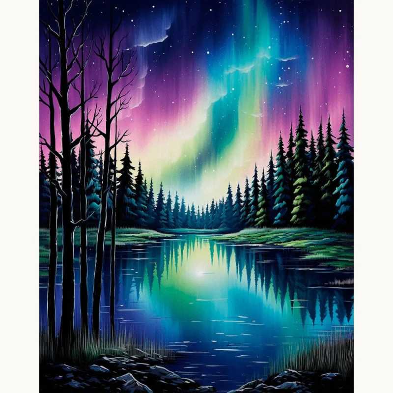 Silent Glow paint by numbers kit showing northern lights over a tranquil river at night, surrounded by dark trees shown in a frame, perfect for adults seeking relaxing art therapy in Canada.