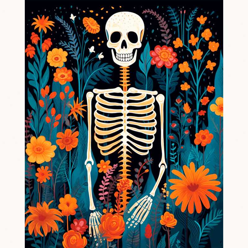 Skeleton Garden Paint By Numbers artwork showing a playful skeleton surrounded by vibrant orange and teal flowers, set against a deep black background.