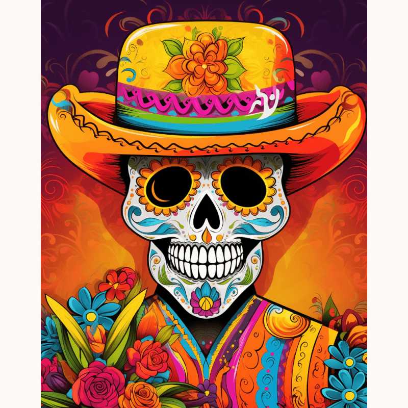 Skull Celebration Paint By Numbers painting featuring a vibrant, decorative sugar skull in a colorful sombrero, surrounded by festive floral elements