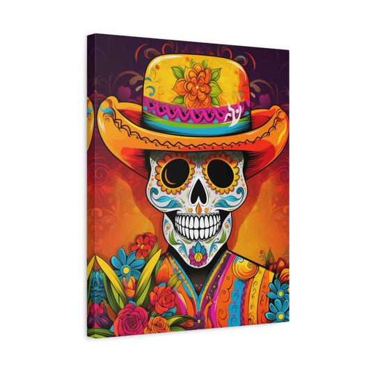 Skull Celebration Paint By Numbers painting featuring a vibrant, decorative sugar skull in a colorful sombrero, surrounded by festive floral elements shown in a frame