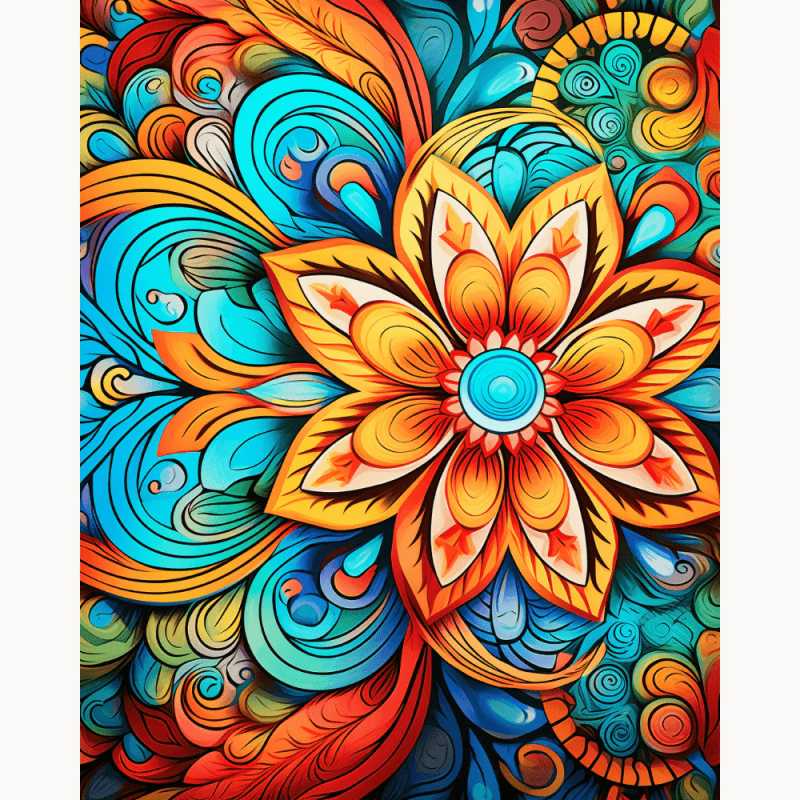 Sky Radiance Mandala Paint By Numbers design featuring a colorful, swirling mandala flower in vivid orange, yellow, turquoise, and red hues