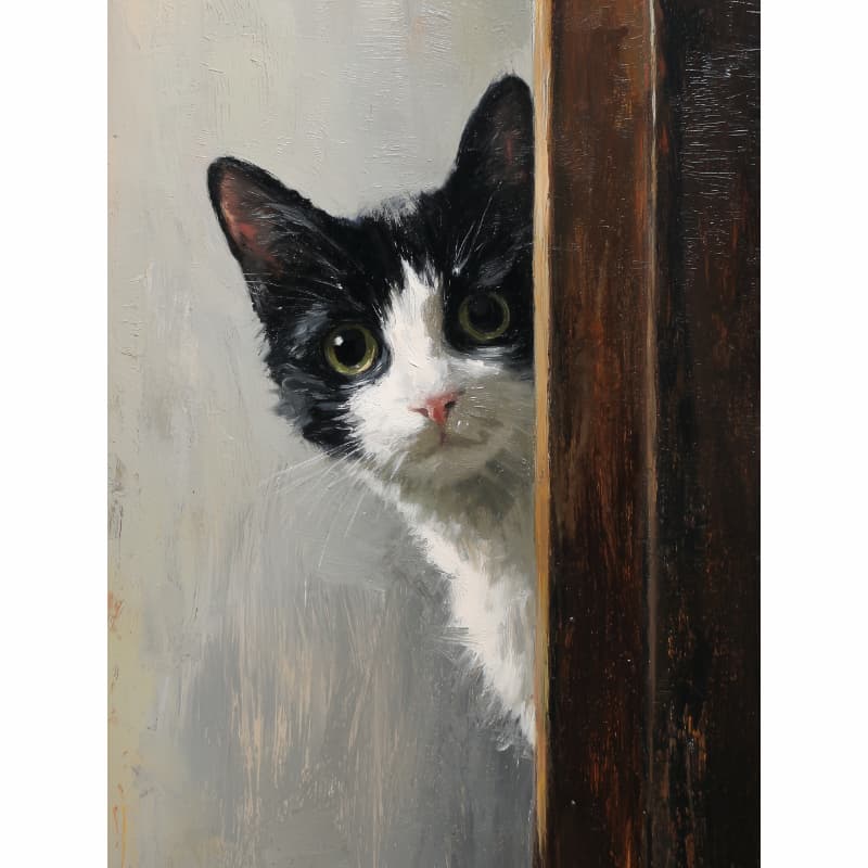 Painting of a black and white cat peeking around a corner