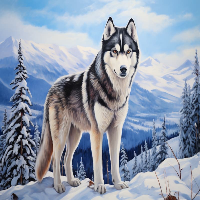Paint by numbers kit of a majestic snow wolf standing in a snowy mountain landscape.