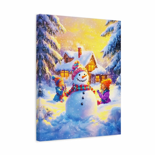 Canvas print of a snowy scene with a snowman and children, featuring a warm glow.