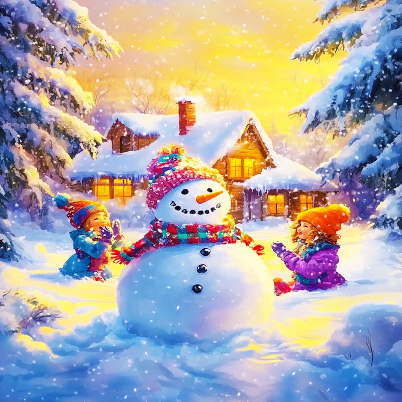 Children playing with a snowman in a snowy village at sunset.