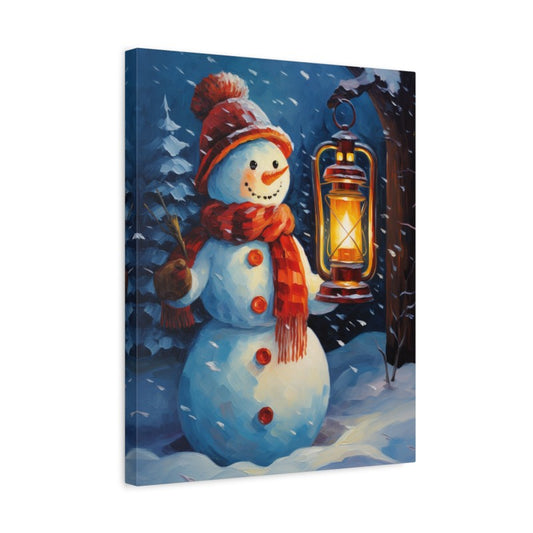 Festive snowman holding a glowing lantern in a snowy forest, wearing a red hat and scarf – Paint By Numbers kit design shown in a frame