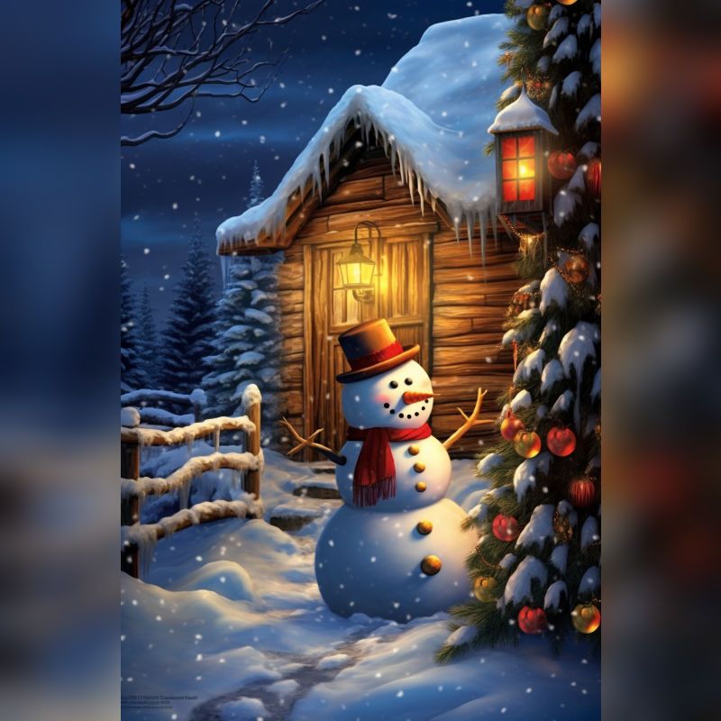 Snowman waving in front of a snowy log cabin and Christmas tree at night – Snowman's Greeting Paint By Numbers