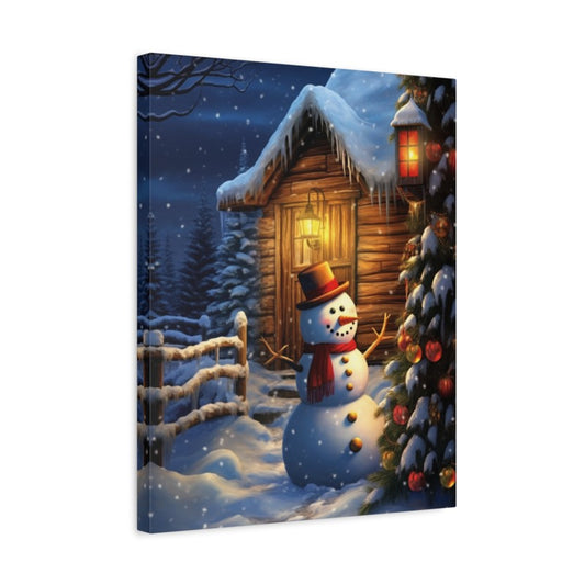 Snowman waving in front of a snowy log cabin and Christmas tree at night – Snowman's Greeting Paint By Numbers in a frame