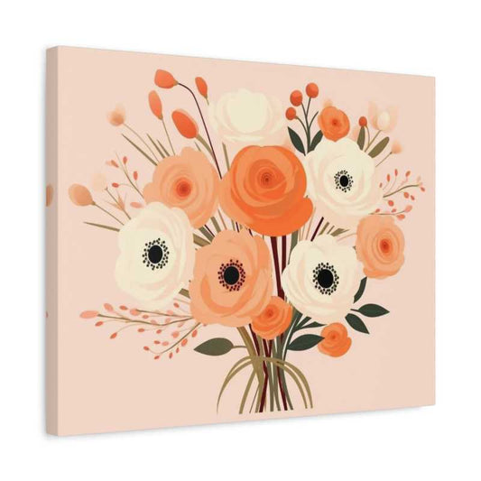 Soft Petal Charm Paint By Numbers artwork featuring a bouquet of cream and peach-toned flowers with dark centers, green leaves, and warm beige background shown in a frame