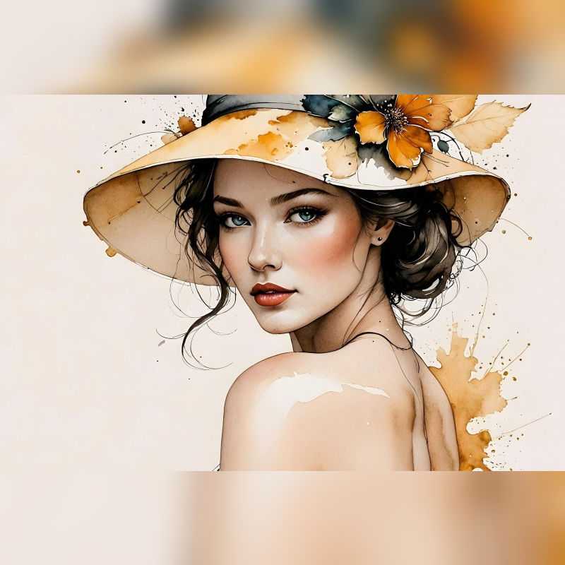 Minimal portrait of a woman with soft blue eyes and a floral hat, painted in elegant tones, ideal for Paint By Numbers artists in Canada.