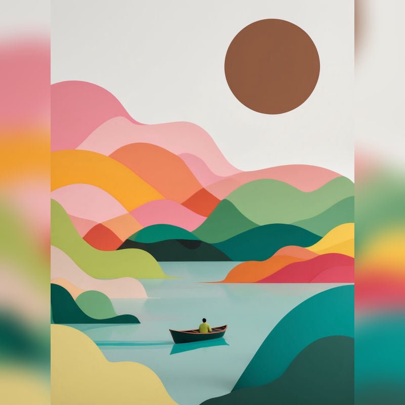 Minimalist Paint By Numbers scene of a lone person in a boat drifting on a pastel-toned lake, surrounded by abstract colorful hills and a bold sun.
