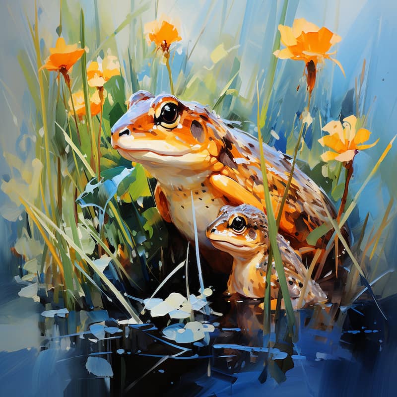 Paint by numbers artwork of two frogs resting by a pond among yellow wildflowers and tall green grass with reflections in the water