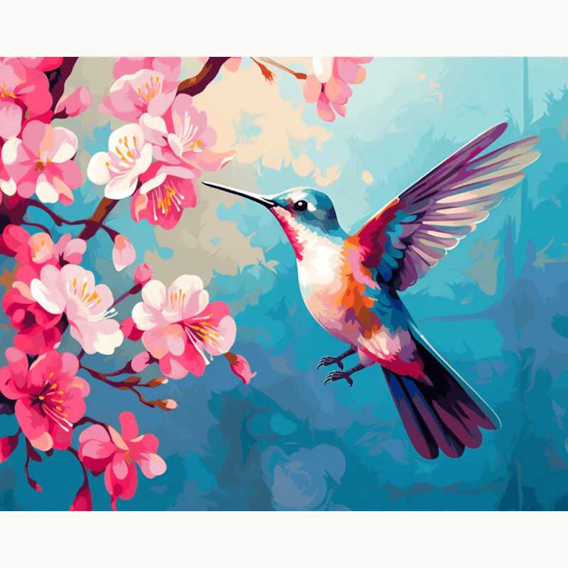 Spring Flutter Paint By Numbers artwork featuring a colorful hummingbird in mid-flight near blooming cherry blossoms against a soft blue sky.