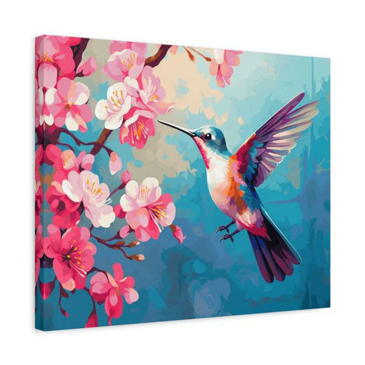 Spring Flutter Paint By Numbers artwork featuring a colorful hummingbird in mid-flight near blooming cherry blossoms against a soft blue sky shown in a frame