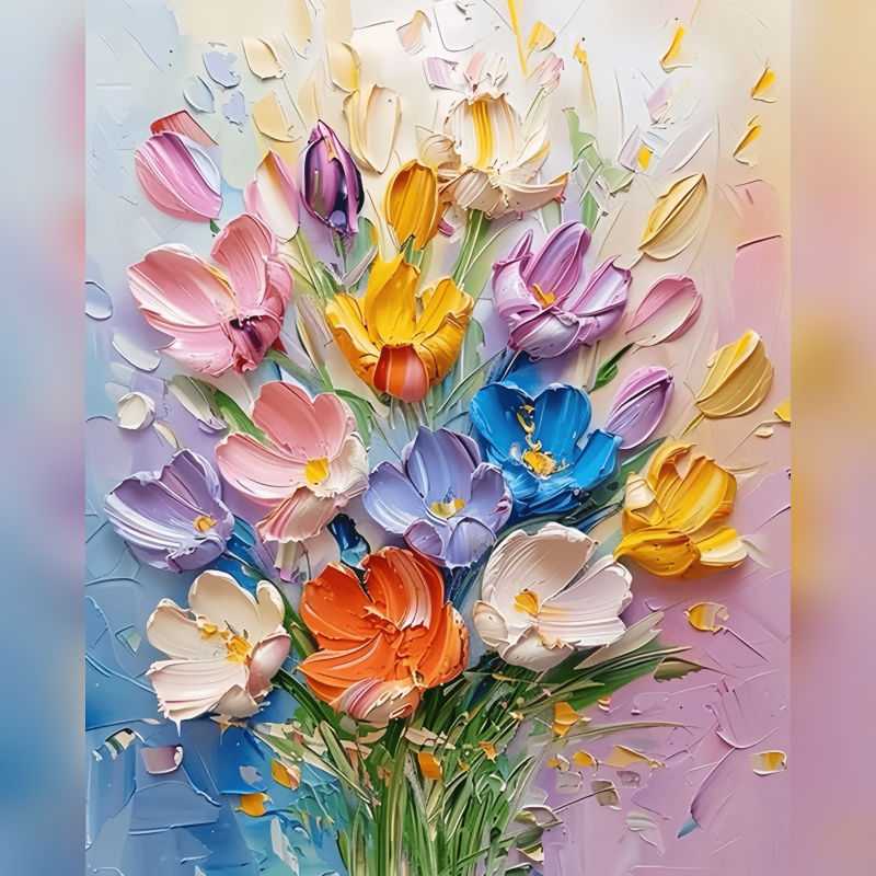 Spring Reverie Paint By Numbers kit featuring vibrant pink, yellow, blue, orange, purple, and white 3D textured flowers blooming against a pastel background, perfect for Canadian artists.