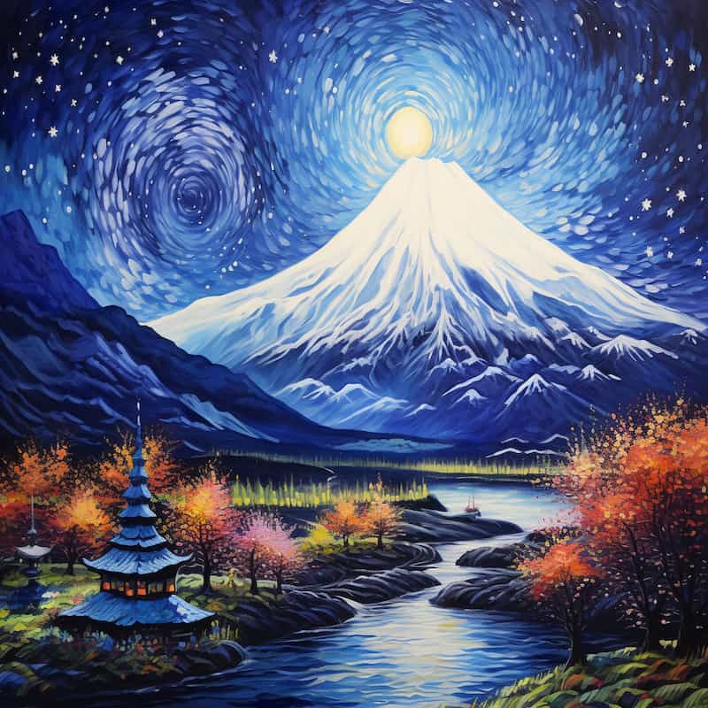 Paint by numbers kit of a snow-capped mountain under a swirling starry night sky with autumn trees and a pagoda.