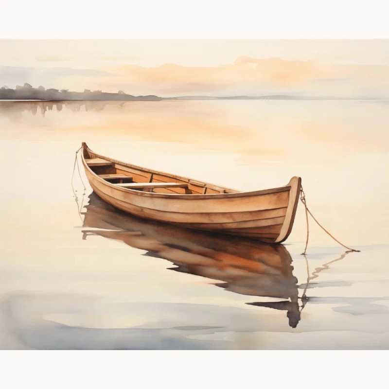 Peaceful paint by numbers canvas of a wooden rowboat gently floating on a calm lake at sunset, with soft reflections in the water and warm pastel tones in the sky.