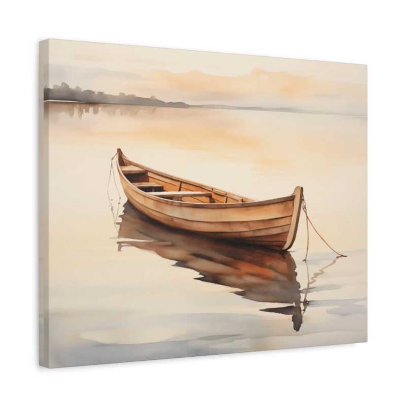 Peaceful paint by numbers canvas of a wooden rowboat gently floating on a calm lake at sunset, with soft reflections in the water and warm pastel tones in the sky shown in a frame.