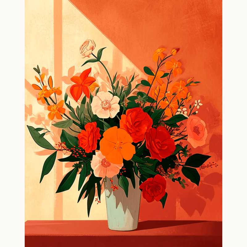 Sun-Kissed Blooms Paint By Numbers showing a vivid floral arrangement in a vase, bathed in soft sunlight with rich red and orange hues.