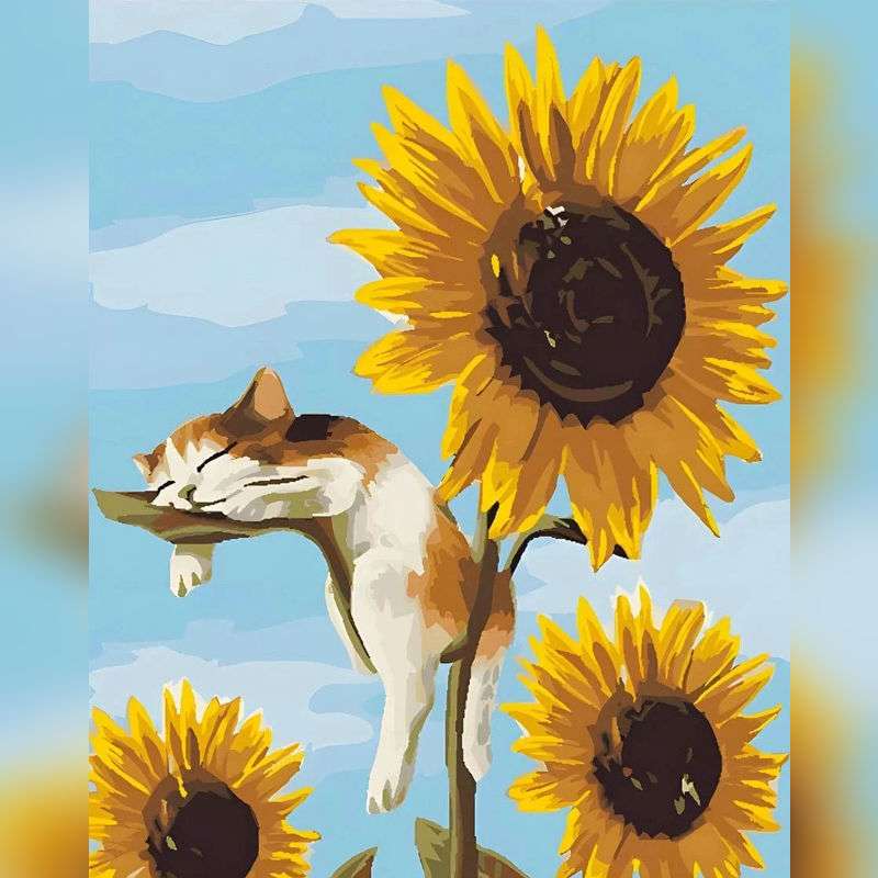 Paint By Numbers illustration of a cat peacefully sleeping on a sunflower stem against a blue sky, surrounded by large blooming sunflowers.