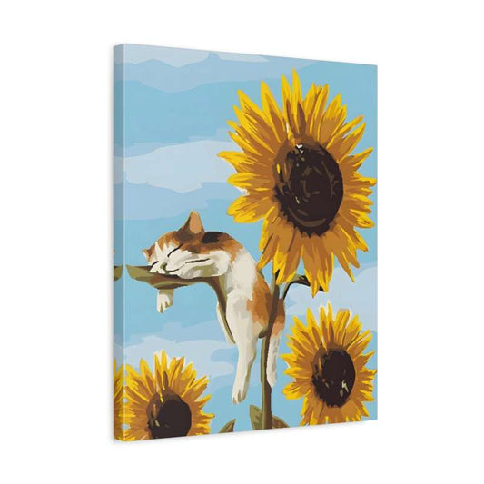 Paint By Numbers illustration of a cat peacefully sleeping on a sunflower stem against a blue sky, surrounded by large blooming sunflowers shown in a frame