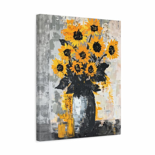 Sunflowers in a textured, abstract-style painting with bright yellow petals and a dark vase, displayed against a muted gray background shown in a frame