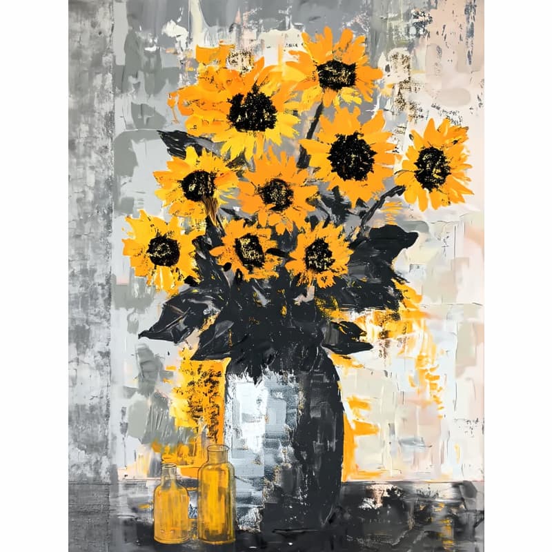 Sunflowers in a textured, abstract-style painting with bright yellow petals and a dark vase, displayed against a muted gray background.