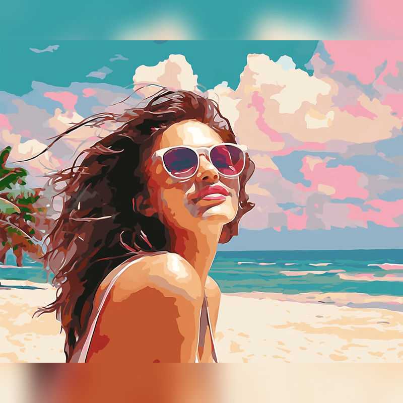 Sunlit Bliss Paint By Numbers showing a vibrant summer portrait of a woman in sunglasses smiling at the beach with colorful clouds and turquoise sea in the background