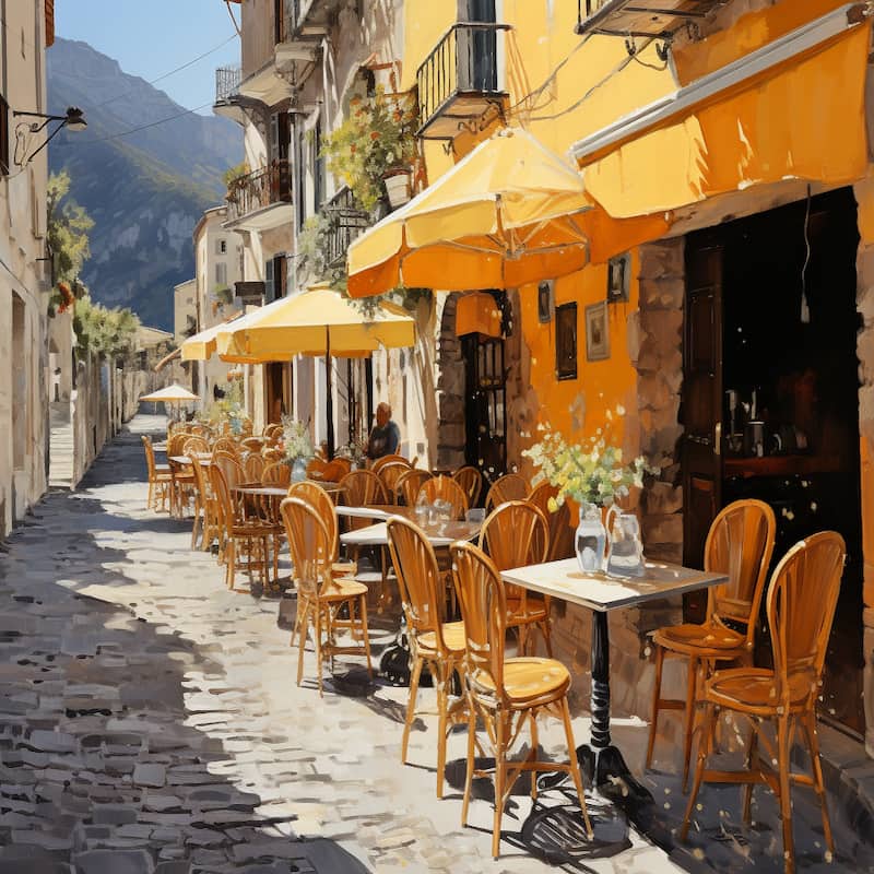 Paint by numbers artwork of a European village café with yellow umbrellas, wooden chairs, cobblestone street, and mountains in the distance